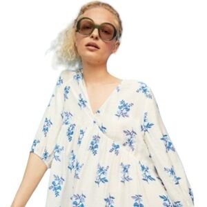 H&M Blue & White Floral V‎ Neck Babydoll 90’s Mini Dress 3/4 Sleeves size M Y2K